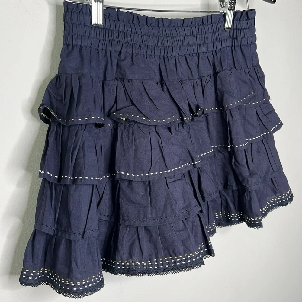Misa Los Angeles Tiered Ruffle Embroidered Accent Mini Skirt in Navy Size XS